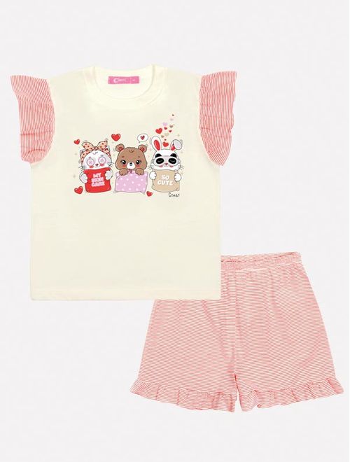 Pijama Infantil Menina Blusa E Short Listrado Vermelho Mundo Cinti