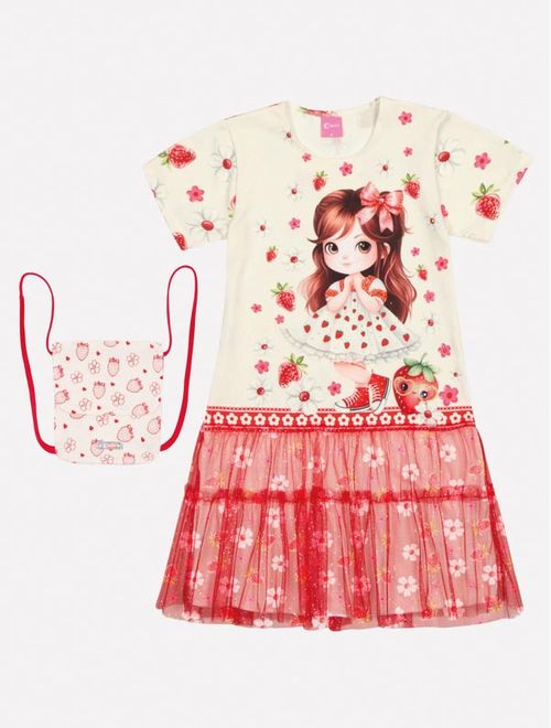 Vestido Infantil Menina Tutti-Frutti Com Bolsa Vermelho Mundo Cinti