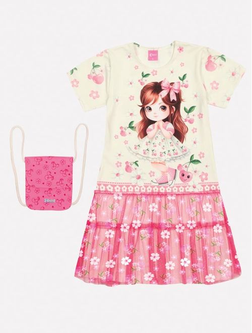 Vestido Infantil Menina Tutti-Frutti Com Bolsa Rosa Mundo Cinti