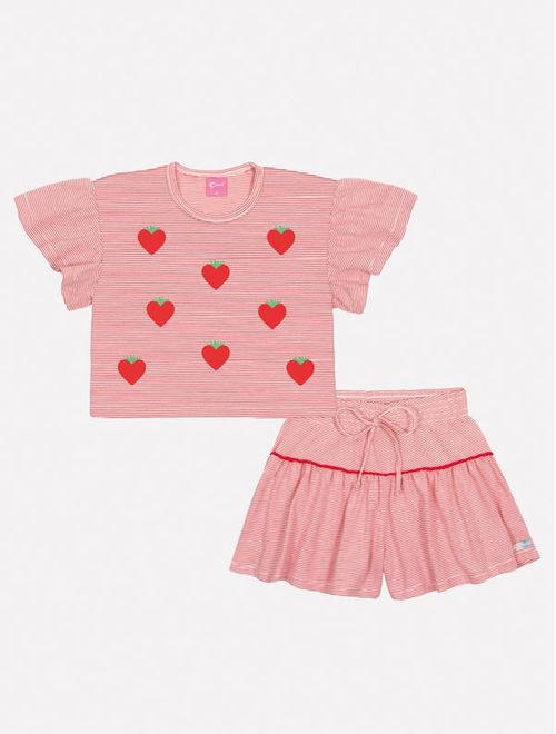 Conjunto Infantil Menina Tutti-Frutti Blusa E Short Listras Vermelho Mundo Cinti