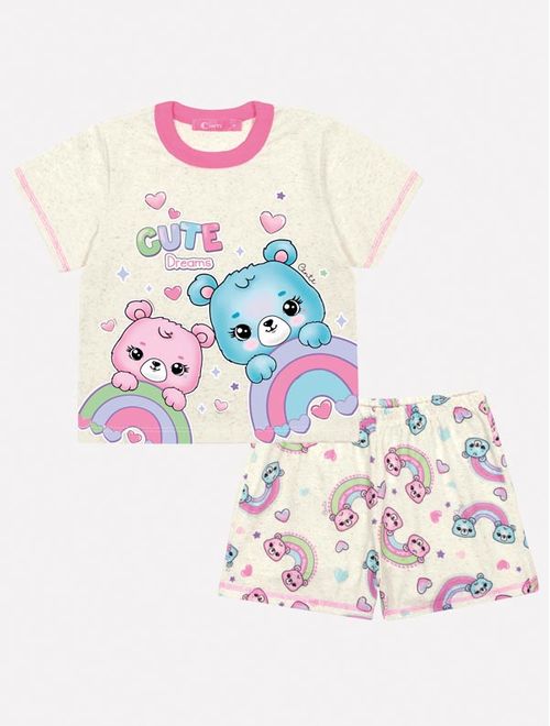 Pijama Infantil Menina Blusa E Short Ursinho Rosa E Off White Mundo Cinti