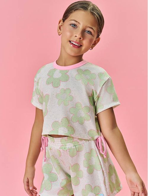 Conjunto Infantil Menina Blusa E Short Floral Verde Mundo Cinti