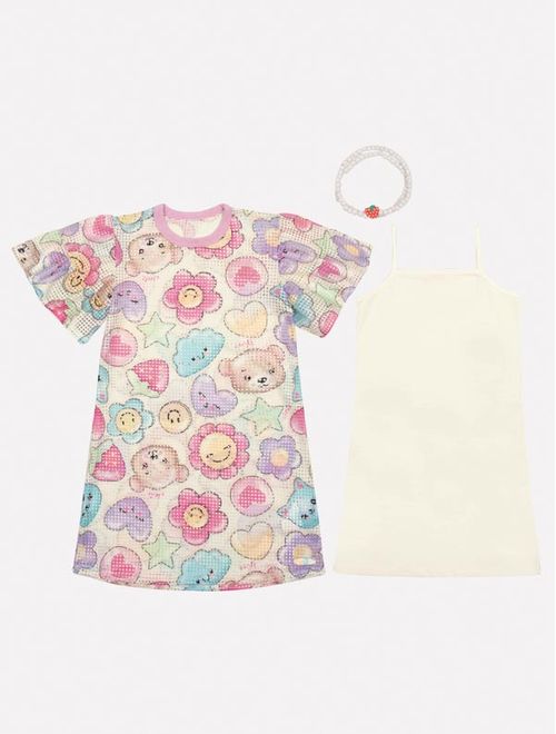 Vestido Infantil Menina Com Sobreposição Em Tela E Pulseira Rosa Mundo Cinti