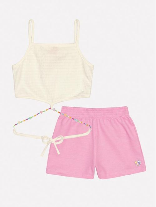 Conjunto Infantil Menina Blusa Com Miçangas E Short Rosa Mundo Cinti