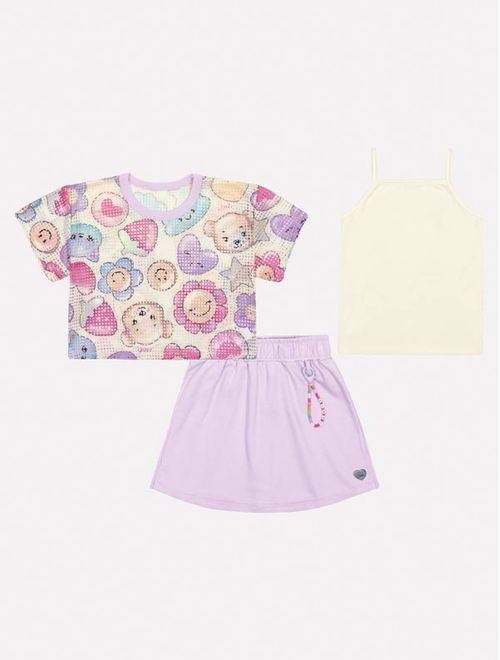 Conjunto Infantil Menina Blusa, Sobreposição E Short-Saia Lilás Mundo Cinti