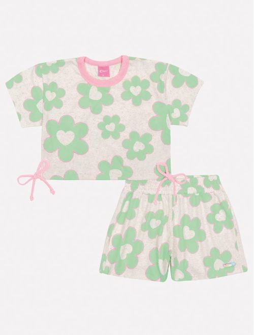 Conjunto Infantil Menina Blusa E Short Floral Verde Mundo Cinti