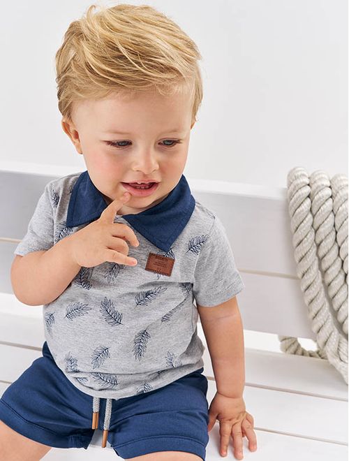 Conjunto Bebê Infantil Camisa Polo Folhas E Bermuda Azul Marinho Divertto