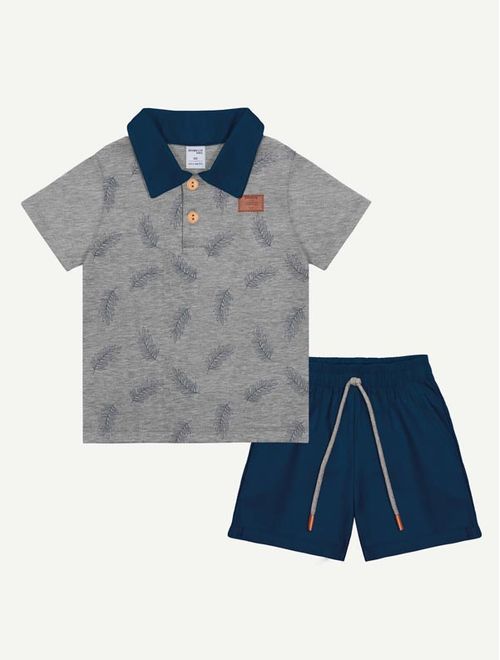 Conjunto Bebê Infantil Camisa Polo Folhas E Bermuda Azul Marinho Divertto