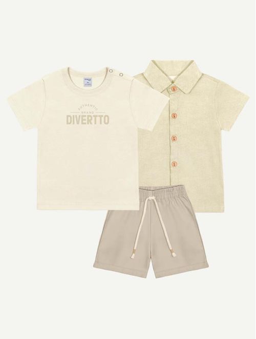 Conjunto Bebê Menino Camiseta Authentic, Bermuda E Camisa Bege Divertto