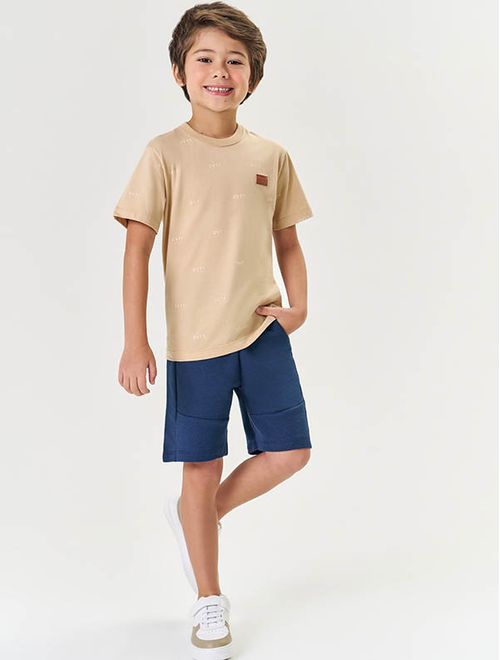 Conjunto Infantil Menino Camiseta E Bermuda Bege E Azul Marinho Divertto