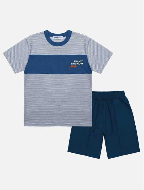 Conjunto Infantil Menino Camiseta Listrada E Bermuda Azul Divertto