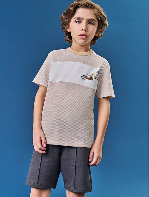 Conjunto Infantil Menino Camiseta Listrada E Bermuda Bege Divertto