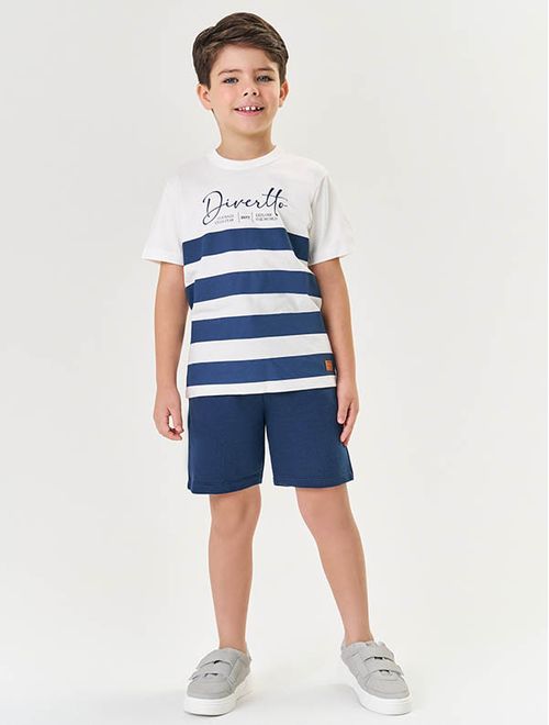 Conjunto Infantil Menino Camiseta Listras E Bermuda Azul Marinho Divertto