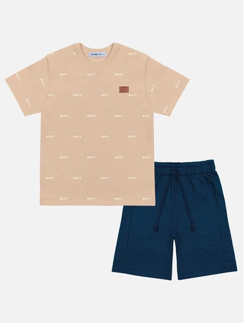 Conjunto Infantil Menino Camiseta E Bermuda Bege E Azul Marinho Divertto