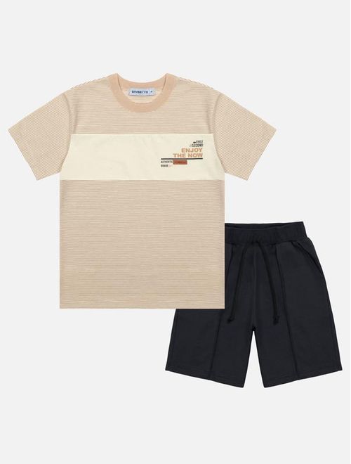 Conjunto Infantil Menino Camiseta Listrada E Bermuda Bege Divertto