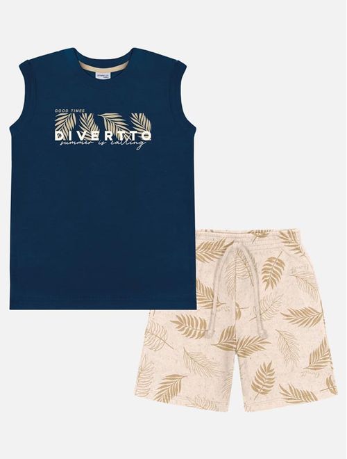 Conjunto Infantil Menino Regata E Bermuda Folhas Azul Marinho Divertto