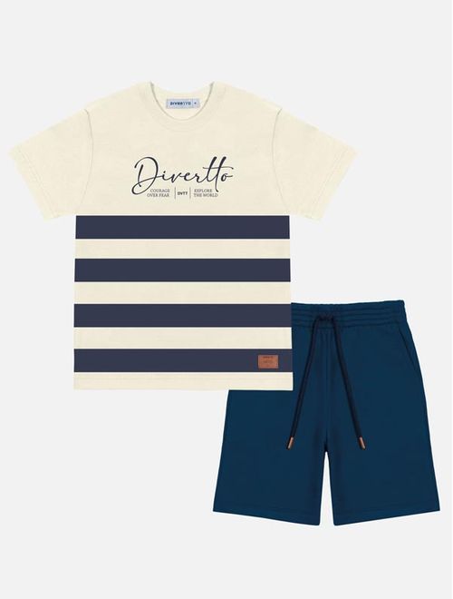 Conjunto Infantil Menino Camiseta Listras E Bermuda Azul Marinho Divertto