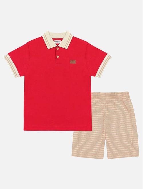 Conjunto Infantil Menino Camisa Polo E Bermuda Listrada Vermelho Divertto