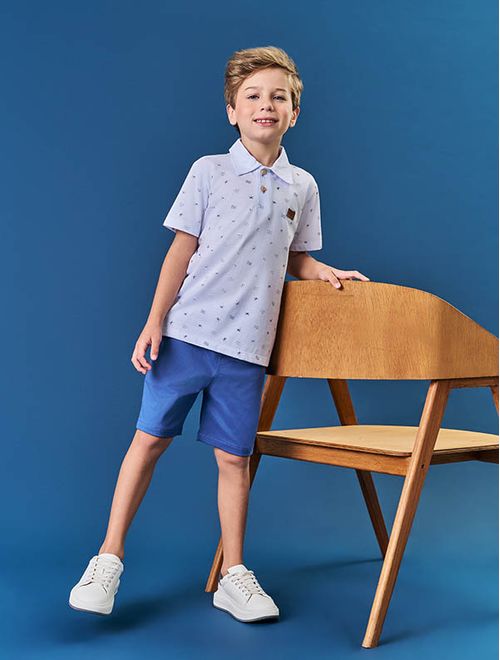 Conjunto Infantil Menino Camisa Polo E Bermuda Branco E Azul Divertto