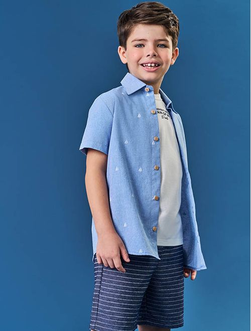Conjunto Infantil Menino Camiseta, Bermuda Listras E Camisa Azul Divertto