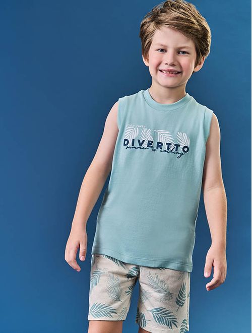 Conjunto Infantil Menino Regata E Bermuda Folhas Azul Marinho Divertto