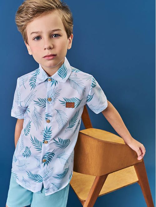 Conjunto Infantil Menino Camisa Folhas E Bermuda Azul Divertto