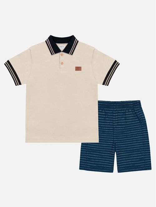 Conjunto Infantil Menino Camisa Polo E Bermuda Listrada Bege Divertto