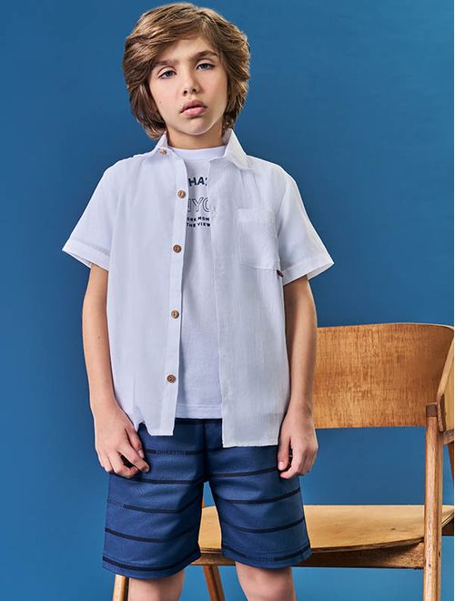 Conjunto Infantil Menino Camiseta, Bermuda Listrada E Camisa Natural Divertto