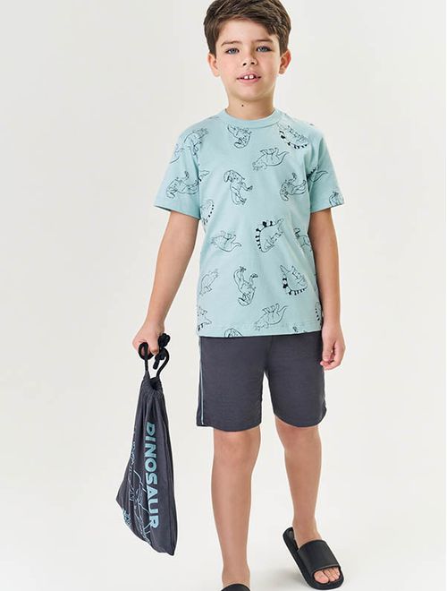 Pijama Infantil Menino Camiseta, Bermuda E Bolsa Dino Verde Divertto