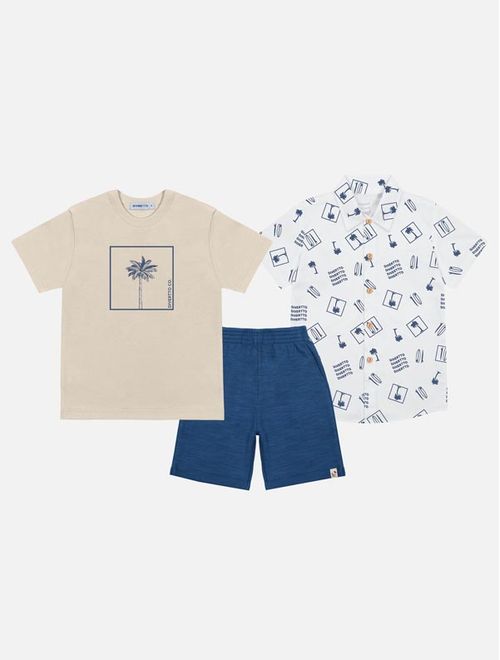 Conjunto Infantil Menino Camiseta, Bermuda E Camisa Praia Azul Divertto