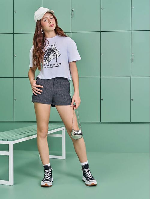 Short Teen Feminino Em Sarja Glitter Preto Dway