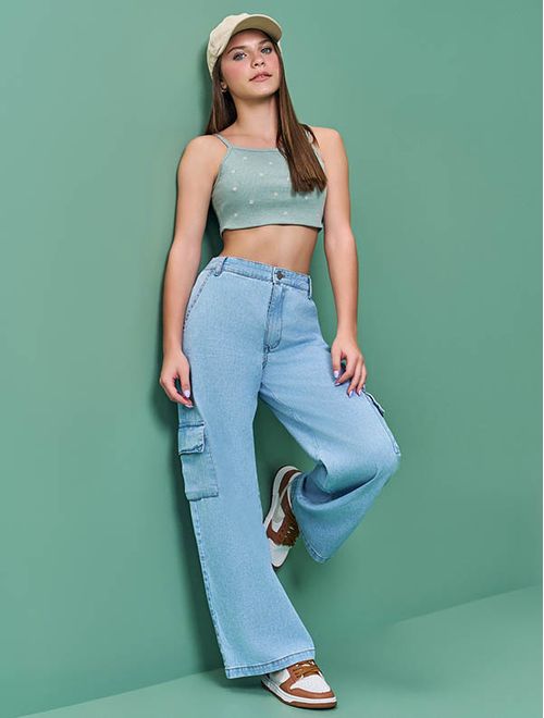 Calça Wide Leg Teen Feminino Azul Jeans Claro Dway