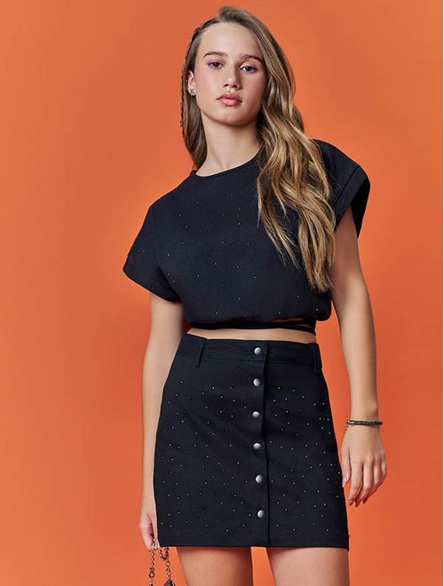 Blusa Cropped Teen Feminino Com Strass Preto Dway