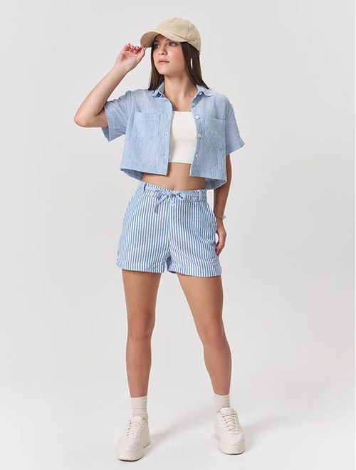 Conjunto Teen Feminino Camisa E Short Listrado Azul Dway