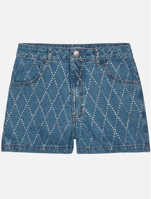 Short Teen Feminino Com Strass Azul Jeans Médio Dway