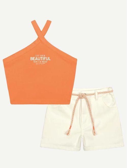 Conjunto Teen Feminino Blusa Beautiful E Short Laranja Dway