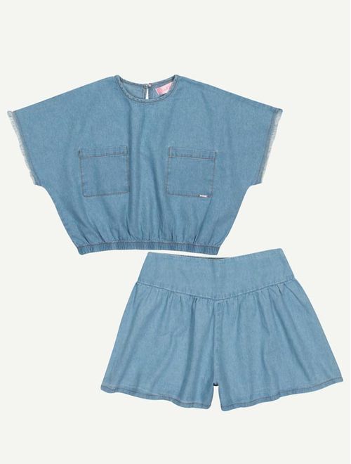 Conjunto Teen Feminino Blusa E Short Azul Jeans Claro Dway