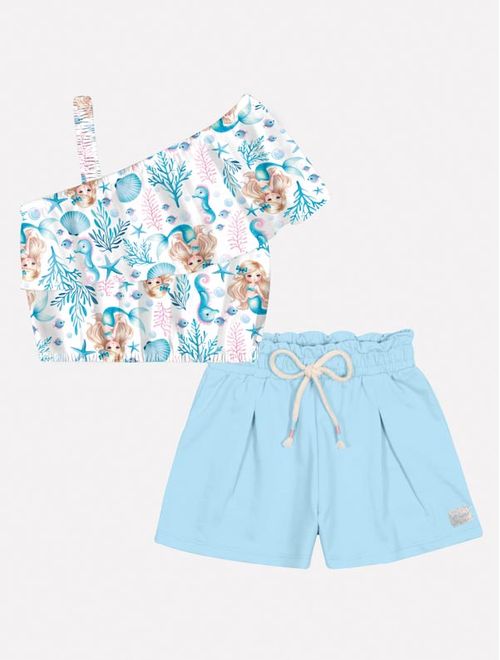 Conjunto Infantil Menina Blusa Sereia E Short Azul Mundo Cinti