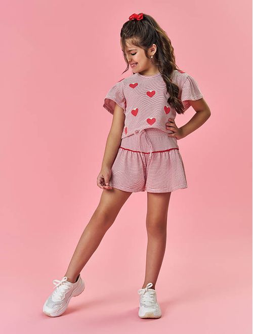 Conjunto Infantil Menina Tutti-Frutti Blusa E Short Listras Vermelho Mundo Cinti