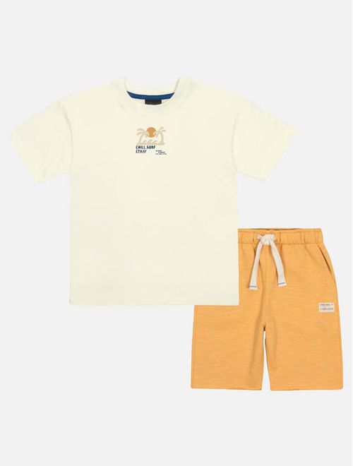 Conjunto Infantil Menino Camiseta Praia E Bermuda Natural E Caramelo Catavento