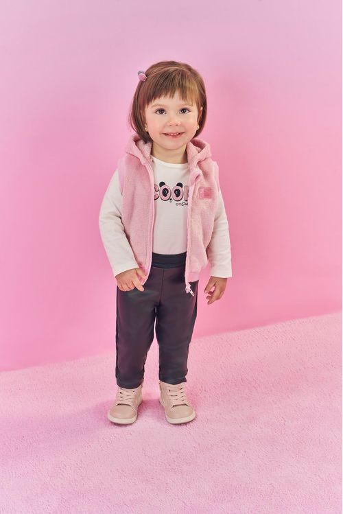 Conjunto Bebê Menina Body, Calça E Colete Em Pelo Rosa Mundo Cinti