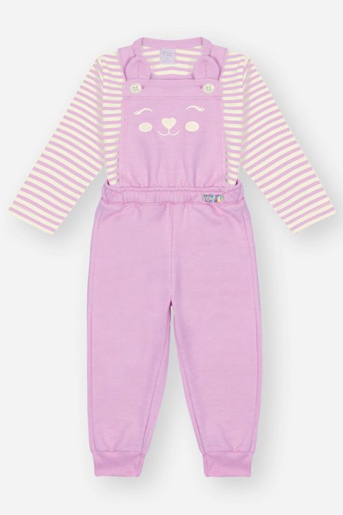 Conjunto Bebê Menina Blusa Listrada E Jardineira Lilás Mundo Cinti