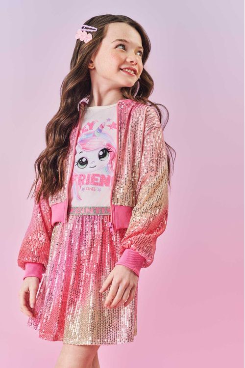 Jaqueta Bomber Infantil Menina Paetê Rosa Mundo Cinti