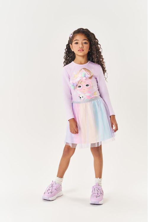 Conjunto Infantil Menina Blusa E Saia-Short Tule Lilás Mundo Cinti