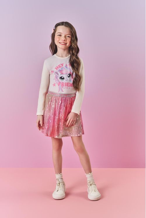 Conjunto Infantil Menina Blusa E Saia-Short Paetê Rosa Mundo Cinti