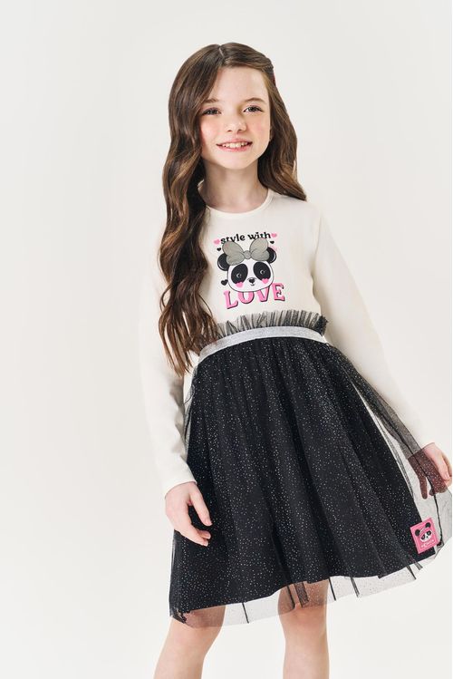 Vestido Infantil Menina Panda Tule Preto Mundo Cinti