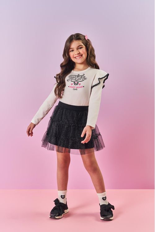 Conjunto Infantil Menina Blusa E Saia Em Tule Preto Mundo Cinti