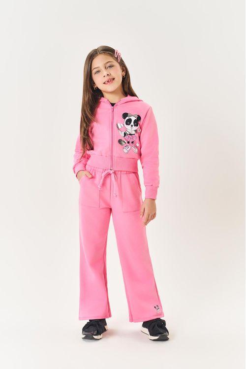 Conjunto Infantil Menina Jaqueta Panda E Wide Leg Rosa Mundo Cinti