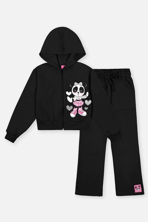 Conjunto Infantil Menina Jaqueta Panda E Wide Leg Preto Mundo Cinti