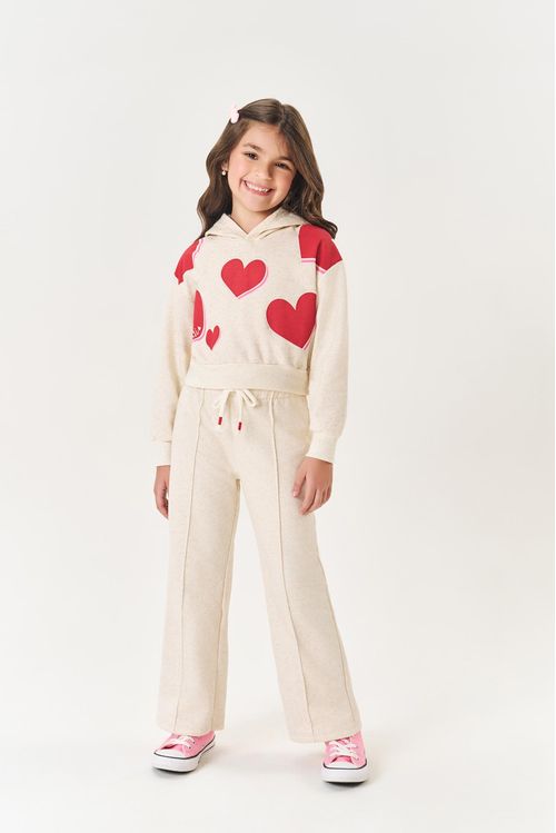 Conjunto Infantil Menina Blusão Coração E Wide Leg Off White Mundo Cinti